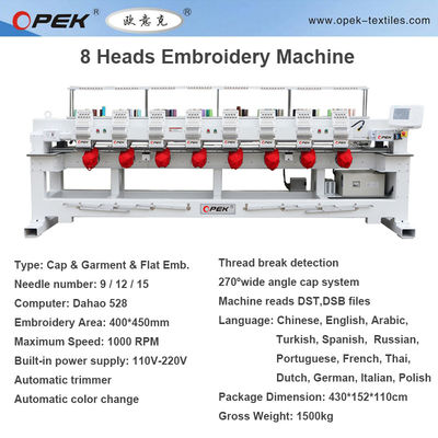 ISO/CE gecertificeerde Opek 8 koppen Industriële 12/15 naalden Computer 400*500mm Flat Embroidery Machine